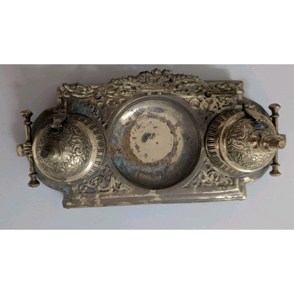 Mid 20th Victorian Brass Filigree Desk Double Inkwell w Insert and Pen Holder